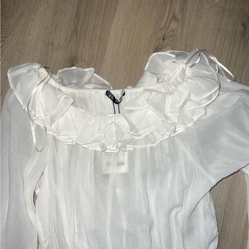 Zara White Ruffle Blouse XL | Long Sleeve Cotton Romantic Top NWT - Picture 11 of 15